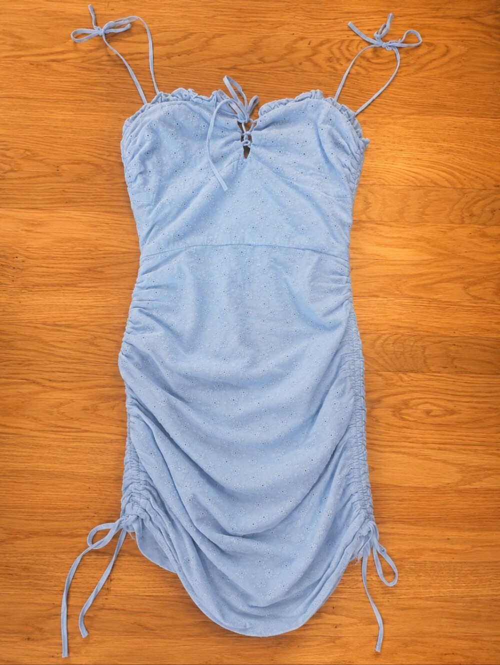 Light Blue Eyelet Lace-Up Spaghetti Strap Mini Dress